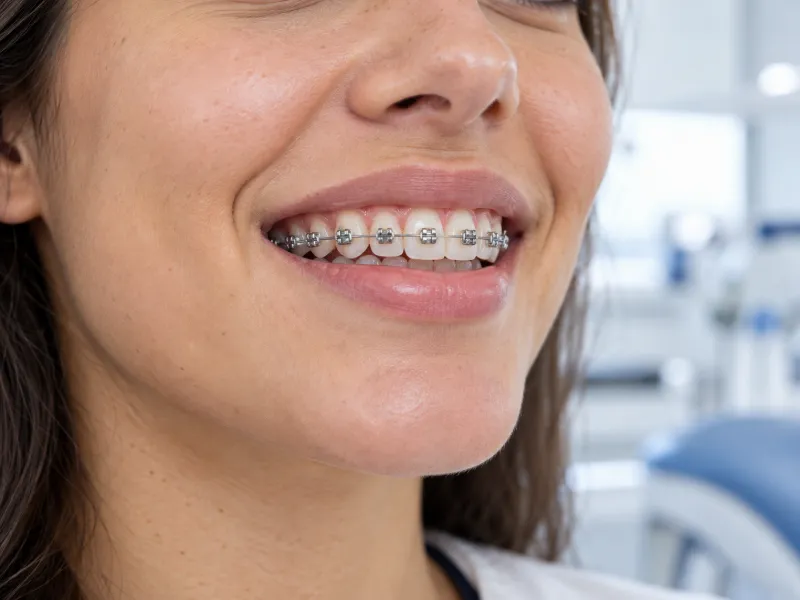 Sorriso de perto com aparelho autoligado de bráquetes metálicos