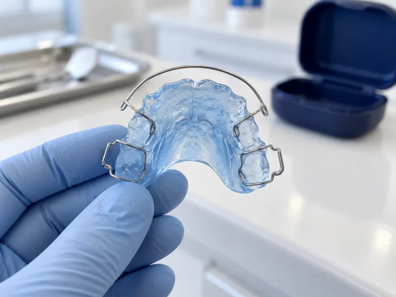 Mão de luva segurando um aparelho móvel azul com arco e grampos metálicos