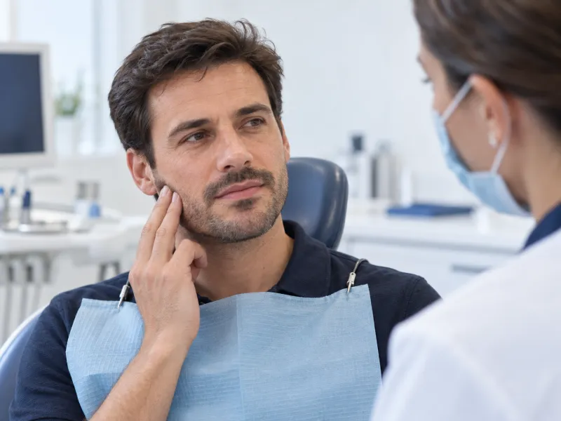 Homem na cadeira odontológica com a mão perto da articulação da mandíbula, conversando com a dentista