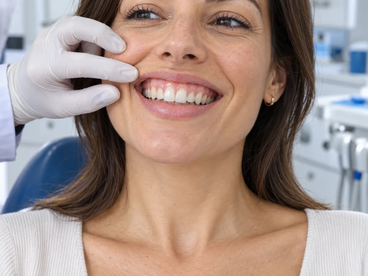 Profissional de luvas afasta o lábio de uma paciente sorrindo para avaliar a exposição da gengiva