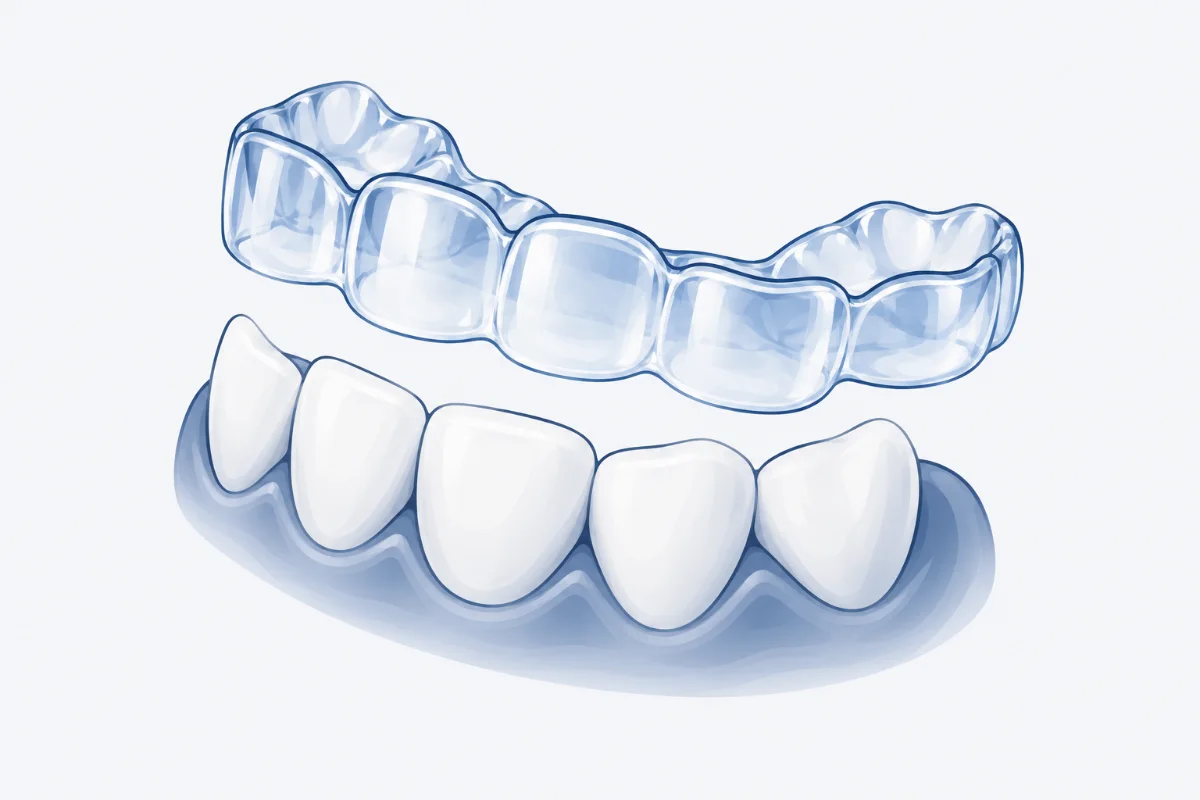 Ilustração de alinhador transparente sobre a arcada dentária