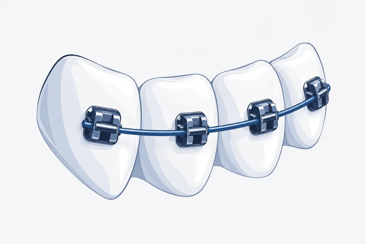 Ilustração de dentes com aparelho ortodôntico fixo de braquetes e fio