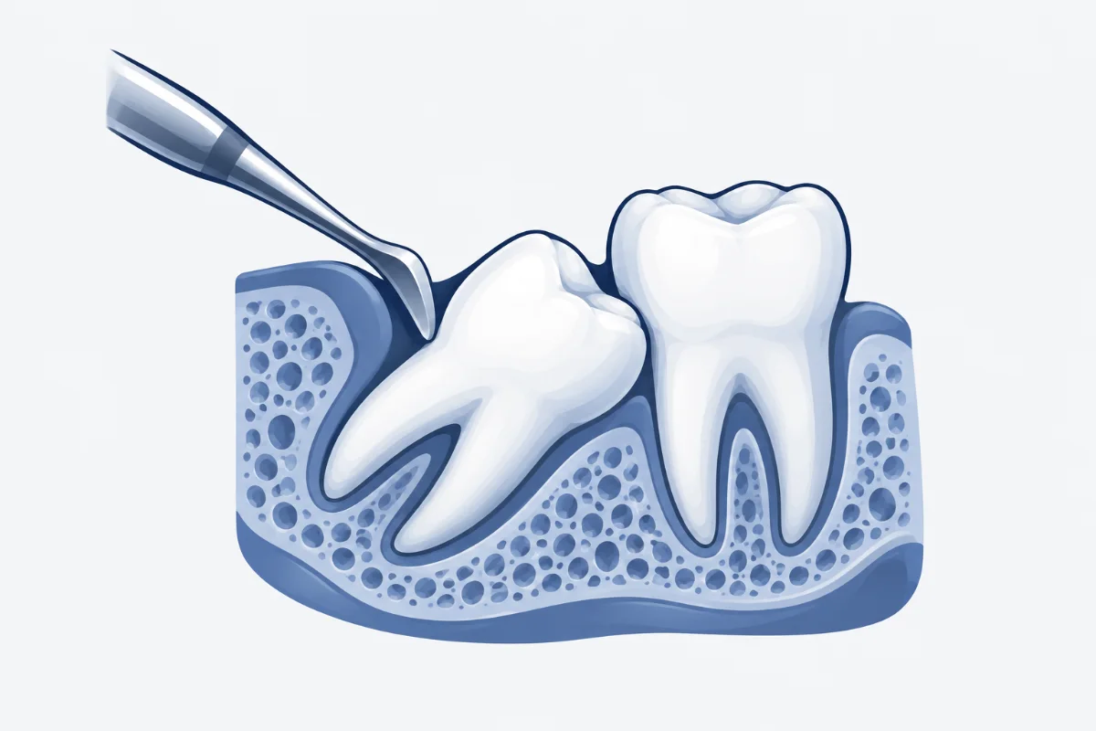 Ilustração de dente siso inclinado no osso ao lado de um molar, com instrumento cirúrgico