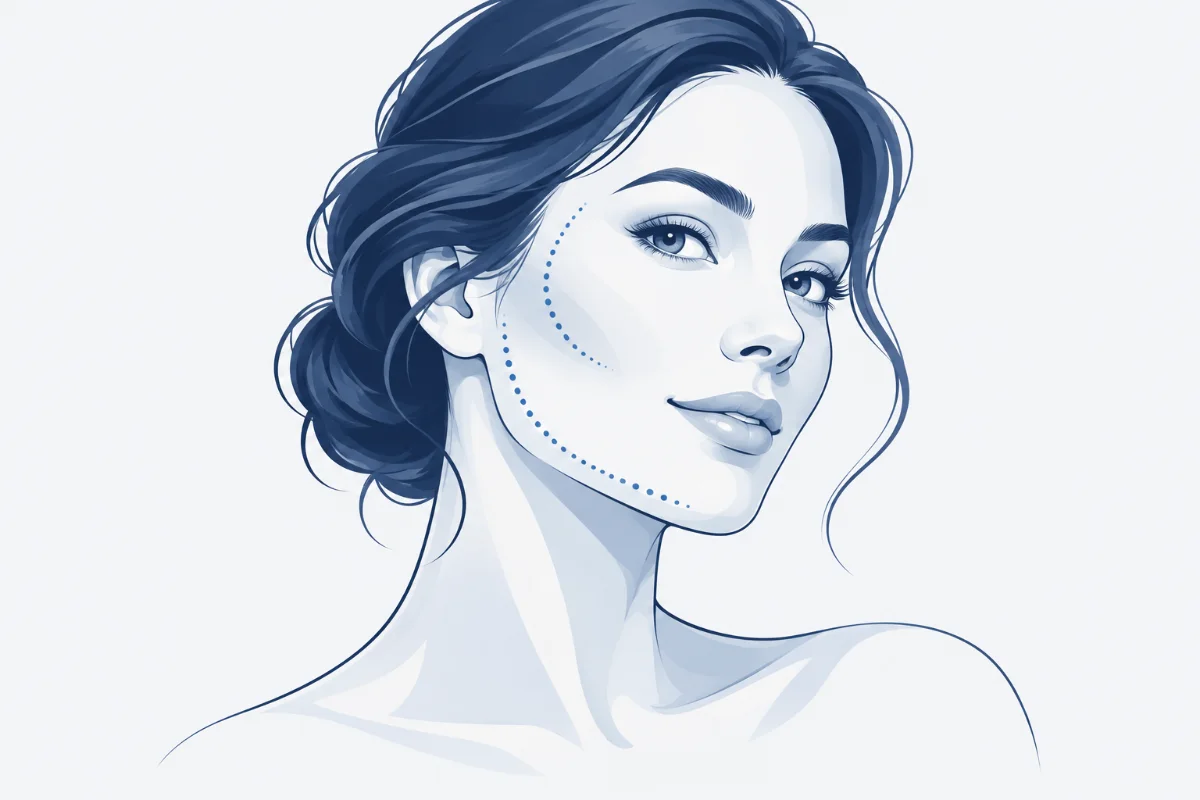Ilustração de rosto feminino com a linha da mandíbula marcada para harmonização facial