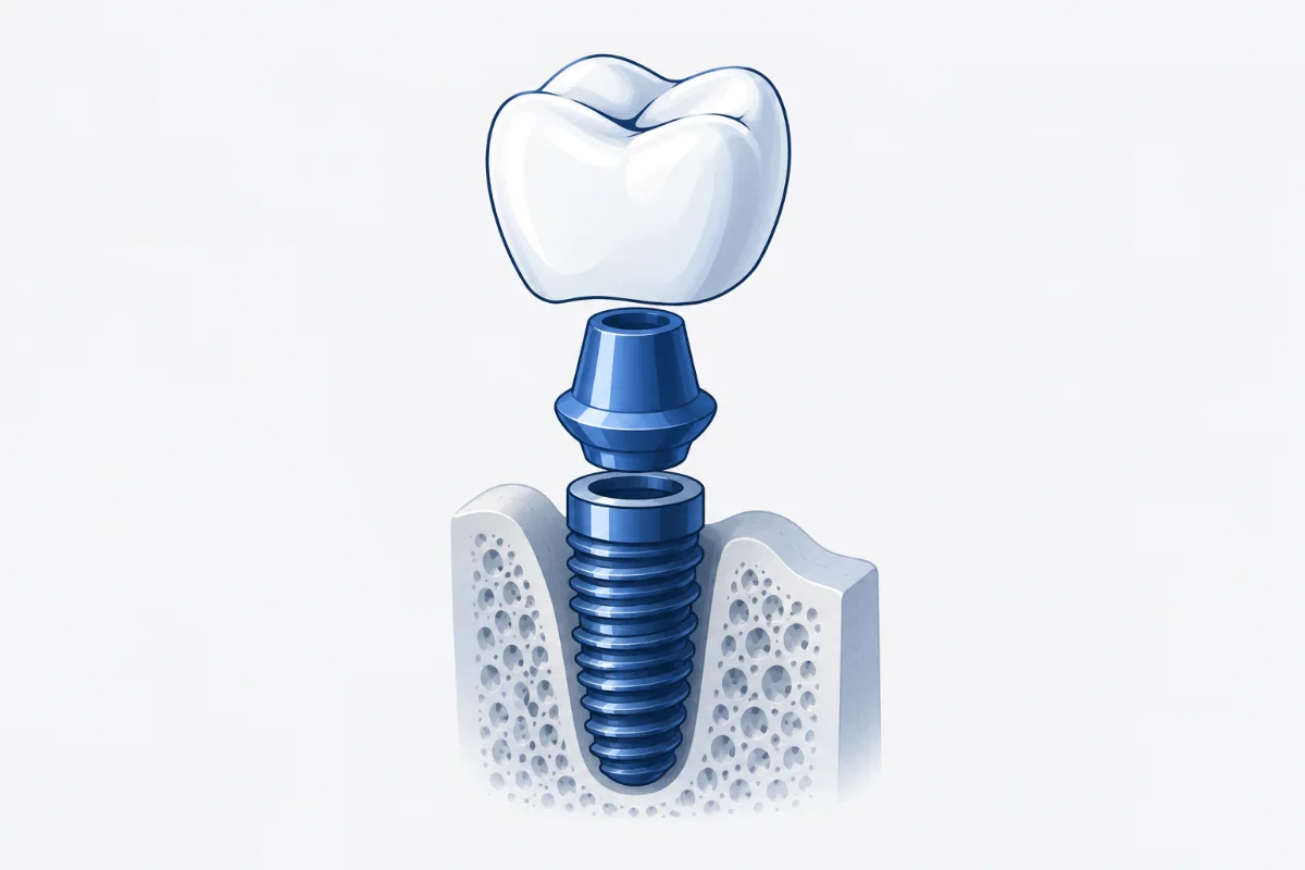Ilustração de implante dentário: pino de titânio no osso, pilar e coroa