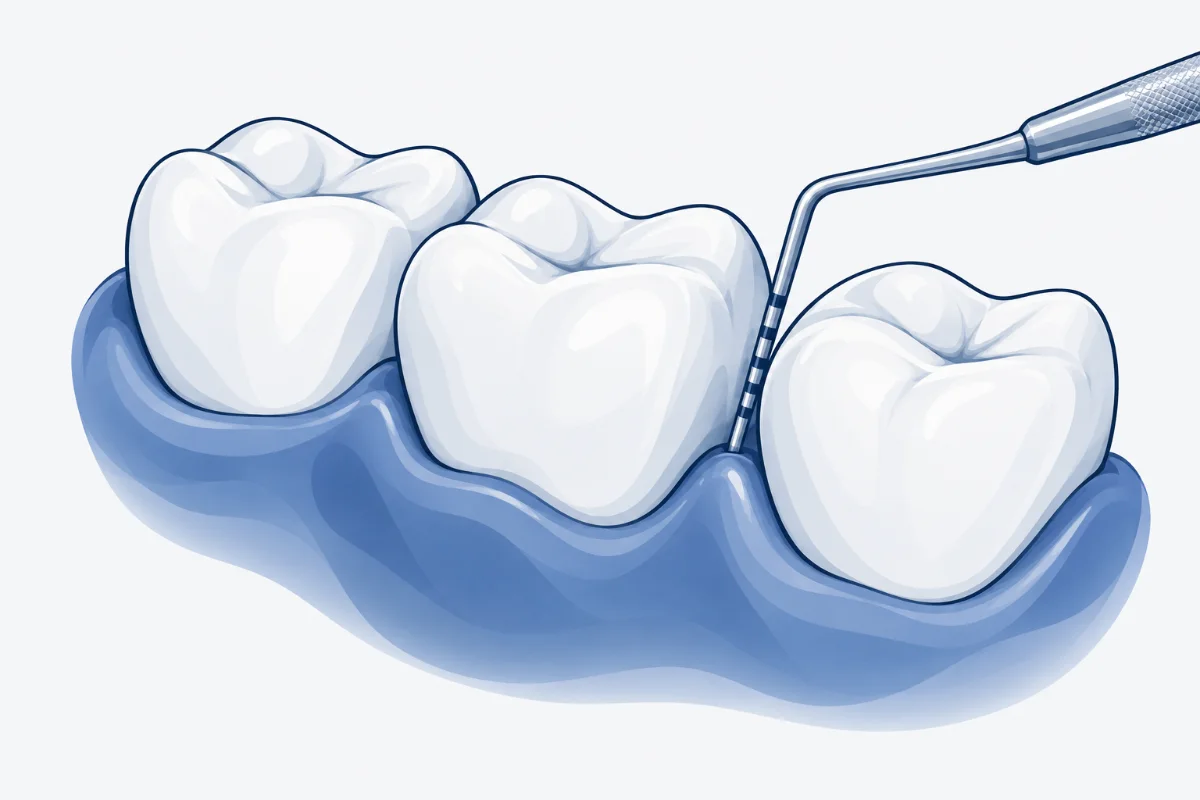 Ilustração de sonda periodontal medindo a gengiva entre dois molares