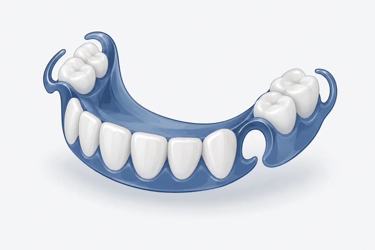 Ilustração de prótese parcial removível com dentes artificiais e grampos