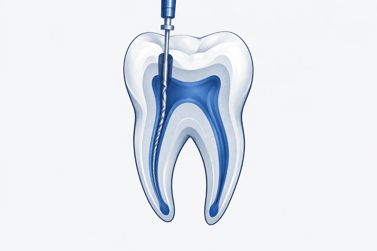 Ilustração de tratamento de canal: lima endodôntica dentro do canal de um molar