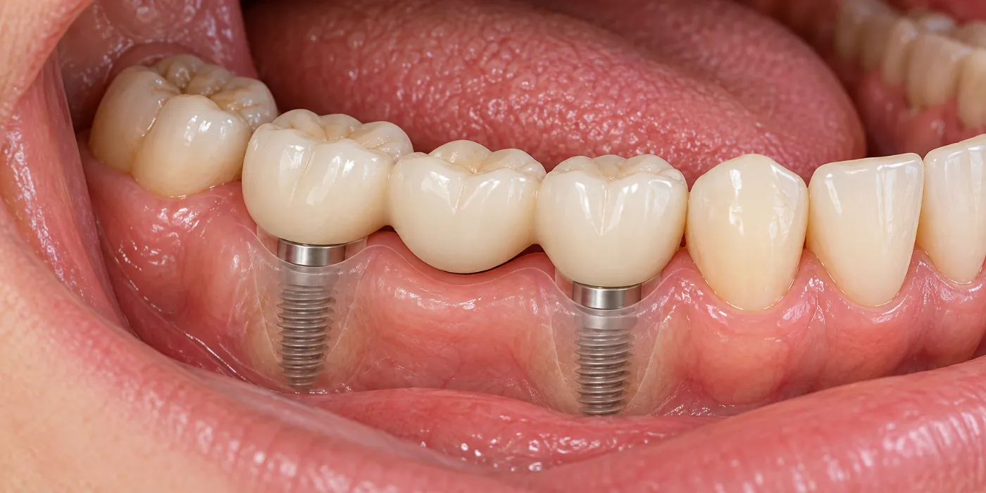 Ponte de três coroas apoiada em dois implantes na arcada inferior