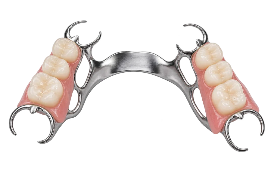 Prótese parcial removível com dentes artificiais, estrutura metálica e grampos