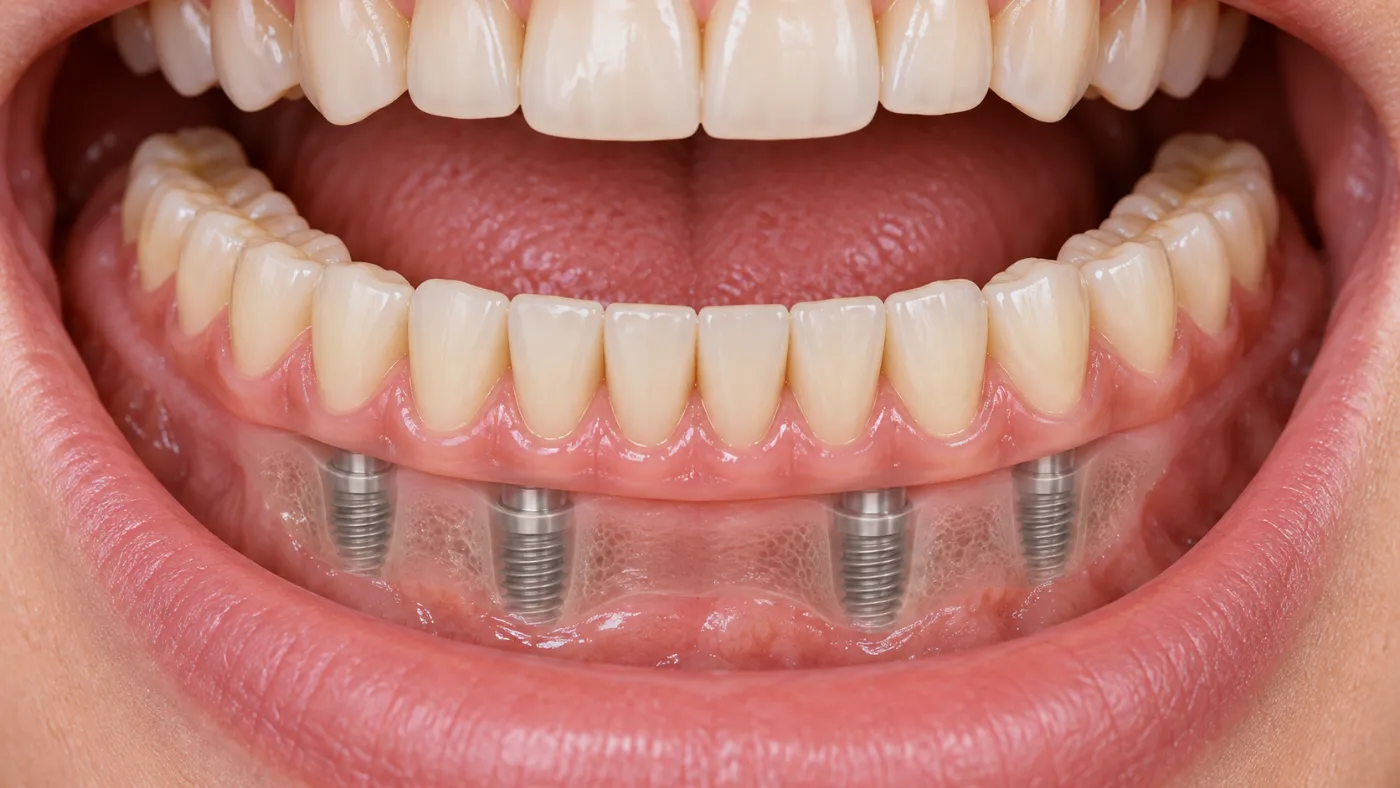 Prótese protocolo inferior fixada sobre quatro implantes