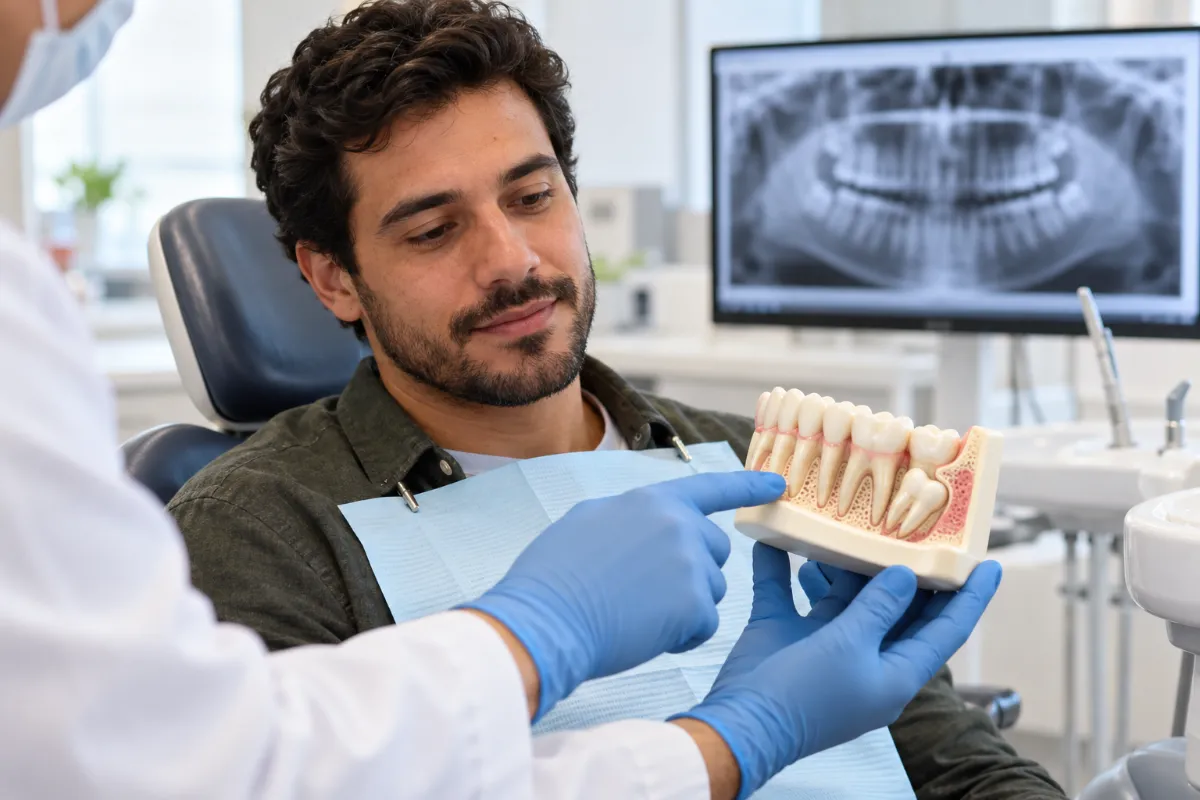 Dentista explica um modelo de arcada com dente siso ao paciente, com radiografia panorâmica ao fundo